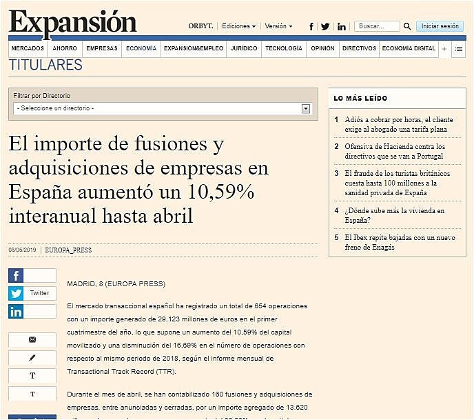 El importe de fusiones y adquisiciones de empresas en Espaa aument un 10,59% interanual hasta abril